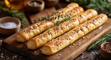 Savory baked breadsticks garnished with herbs on a wooden board in a cozy kitchen setting photo