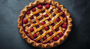 Delicious raspberry pie with a golden lattice crust on a dark stone surface photo