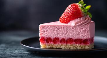 Delicious strawberry mousse cake slice garnished with fresh berries on a dark plate photo