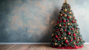 Cozy holiday scene with a decorated Christmas tree in red and gold ornaments photo