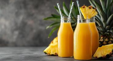 Refreshing tropical pineapple drinks served in glass bottles on a dark surface photo