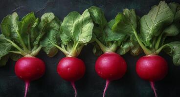Fresh red radishes with green leaves on a dark background in a natural light setting photo