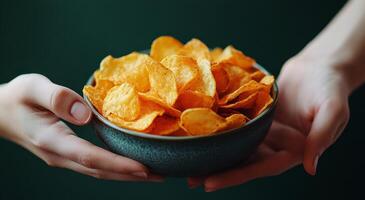 Sharing a bowl of golden potato chips between two hands against a dark green background photo