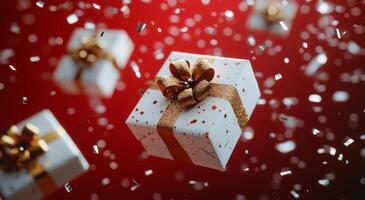 Festive holiday gifts floating in the air against a vibrant red background with glittering confetti photo