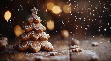 Decorative Christmas cookie tree adorned with snowflakes on a rustic wooden table photo