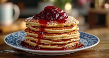 Fluffy pancakes topped with berry jam served on a vintage plate in a cozy kitchen setting photo