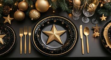 Elegant festive table setting with gold accents and star-themed decor for a seasonal gathering photo