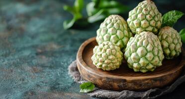 Fresh cherimoyas in wooden bowls on a textured green surface with leaves nearby photo