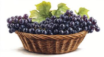 Fresh purple grapes in a woven basket with green leaves on a light background photo