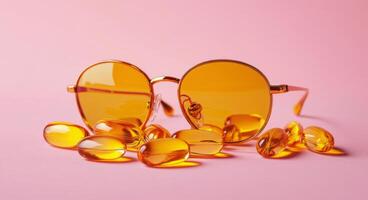 Bright yellow sunglasses beside golden supplements on a pink surface in soft sunlight photo