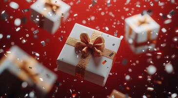Festive holiday gifts floating in the air against a vibrant red background with glittering confetti photo