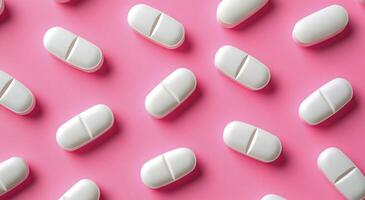 White pills arranged in a pattern on a vibrant pink background showcasing simplicity in design photo