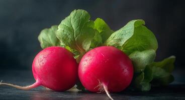 Fresh red radishes with green leaves on a dark background in a natural light setting photo