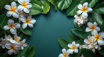 A vibrant arrangement of white and yellow flowers framed by lush green leaves on a dark background photo
