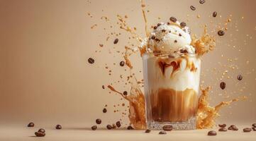Delicious coffee dessert with ice cream and a dramatic splash on a neutral background photo