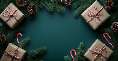 Decorative holiday gifts arranged with pinecones and candy canes on a green background photo