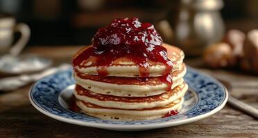 Fluffy pancakes topped with berry jam served on a vintage plate in a cozy kitchen setting photo