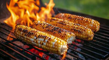 Grilling corn on the cob over an open flame during a summer barbecue in the backyard photo