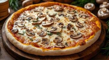 Delicious mushroom pizza topped with herbs on a wooden kitchen table photo