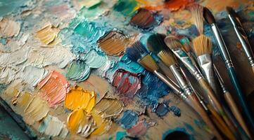 A colorful artist palette with brushes arranged neatly, showcasing vibrant paint colors and textures photo