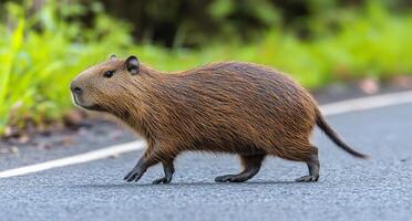A capybara walks along a road surrounded by greenery during a sunny afternoon photo