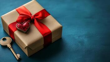 Two beautifully wrapped gifts with red ribbons and a decorative heart on a teal background photo