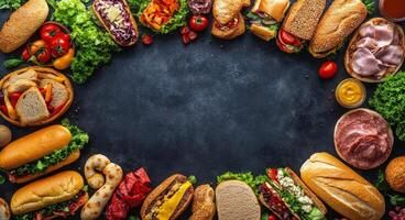 A variety of delicious sandwiches arranged artfully on a dark surface with fresh ingredients photo
