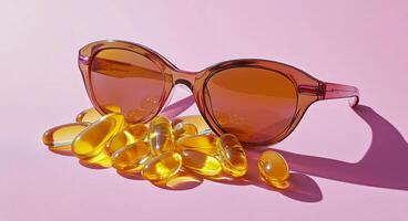 Bright yellow sunglasses beside golden supplements on a pink surface in soft sunlight photo