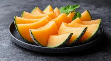 Freshly sliced cantaloupe served on a dark plate ready for summer snacking at home photo