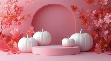 Autumn-inspired display featuring white pumpkins and colorful leaves on a soft pink background photo
