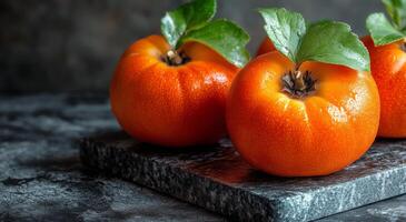 Freshly harvested citrus fruits on a textured stone surface in a dimly lit kitchen setting photo