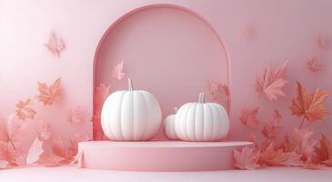 Autumn-inspired display featuring white pumpkins and colorful leaves on a soft pink background photo
