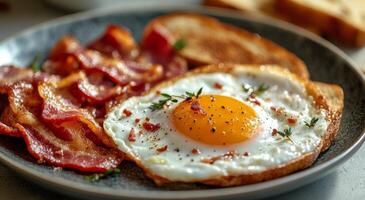 Delicious breakfast plate with crispy bacon, fried egg, toasted bread, and fresh greens photo