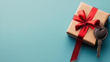 Two beautifully wrapped gifts with red ribbons and a decorative heart on a teal background photo