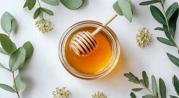 Fresh honey surrounded by green eucalyptus leaves and white flowers on a light surface photo