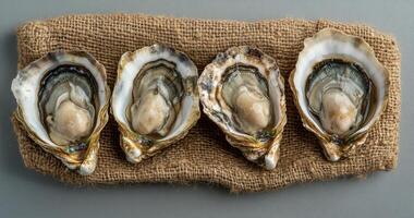 Fresh oysters displayed on burlap with shells open, showcasing their unique appearance and texture photo