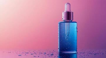 Brightly lit blue serum bottle on a reflective surface against a pink gradient background photo