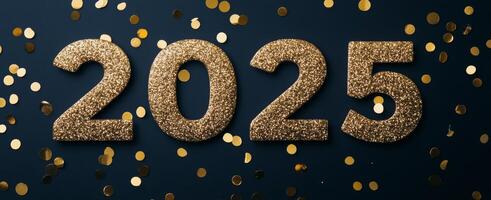 Celebration of the New Year 2025 with golden confetti on a dark background photo