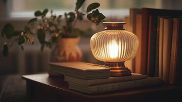 Cozy reading nook with vintage lamp and stacked books in a softly lit room during evening hours photo