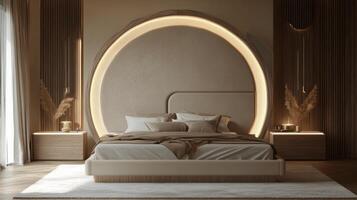 Modern bedroom design featuring a unique circular headboard and warm lighting in a serene space photo