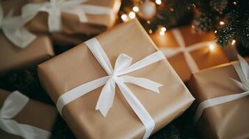 Beautifully wrapped gifts under a Christmas tree adorned with soft lights and festive decorations photo