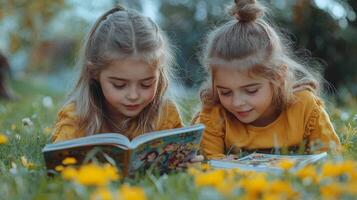 Two friends enjoy reading together on a sunny afternoon in a park surrounded by greenery photo
