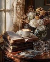 A cozy coffee moment with flowers and books on a wooden table in a warm setting photo