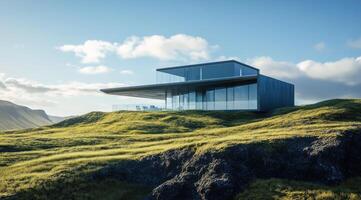 Modern architectural house on a green hillside under a clear blue sky at sunset photo
