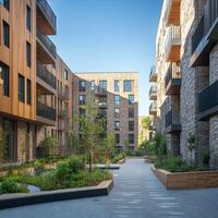 Modern residential architecture in a landscaped urban environment during golden hour photo