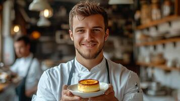 Smiling chef proudly presenting a bowl of freshly prepared soup in a bustling kitchen setting photo