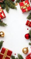 Festive holiday decorations with red gifts and ornaments arranged around a blank space photo