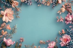 Floral arrangement with soft pink and white flowers on a blue background for a cheerful display photo