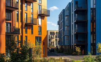 Modern colorful apartment buildings with greenery under a clear sky in an urban setting photo