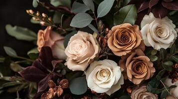 Beautiful arrangement of cream and burgundy roses with greenery in a close-up setting photo